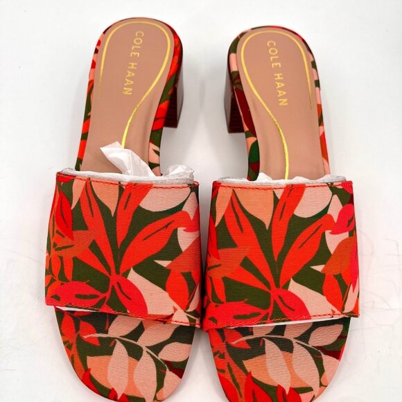 Cole Haan Calli Single Band Slide Sandal Size 7B Multi Leaf Print Fabric Leather - Picture 2 of 14